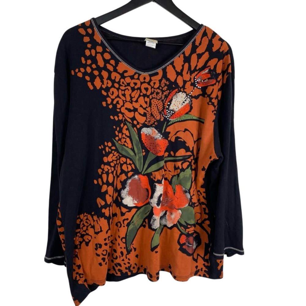 Jess and Jane Top Women's Multicolor Sz 3X Floral Tulip Rhinestones Tunic Boho